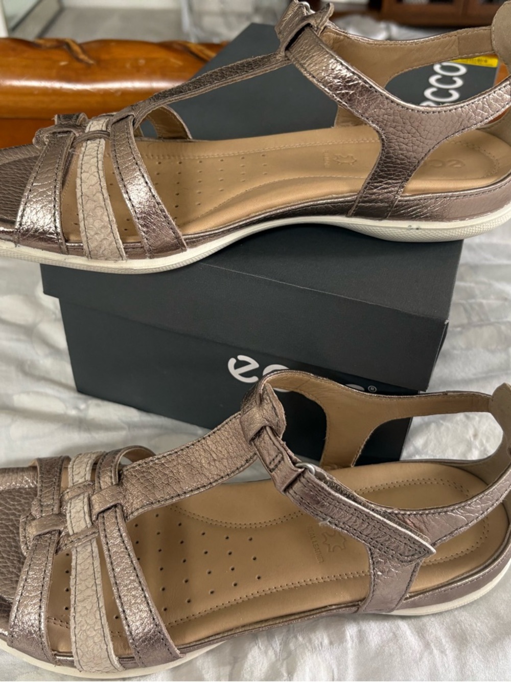 Ecco Metallic Taupe Strappy Comfort Sandals